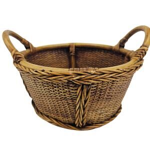 Vintage Boho Hand Woven Rattan Bamboo Wicker Basket w/ Handles Braided Border